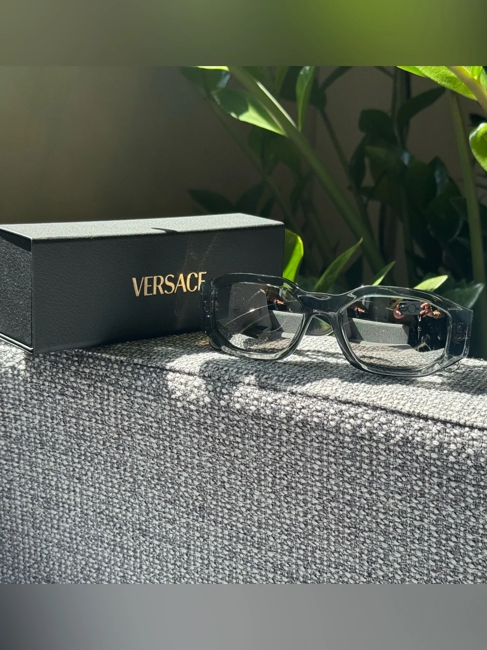 Versace Women's Clear Gray Crystal Rectangle Sunglasses